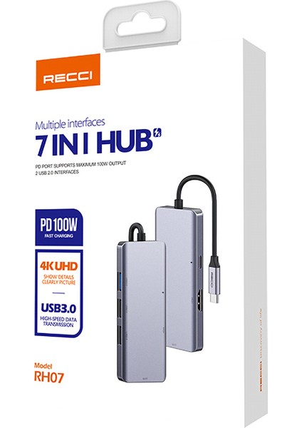 RH07 7 In 1 Type-C Hub Pd 100W Şarj Destekli Sd Kart-Hdmı-Usb Çoğaltıcı Kablo 120MM