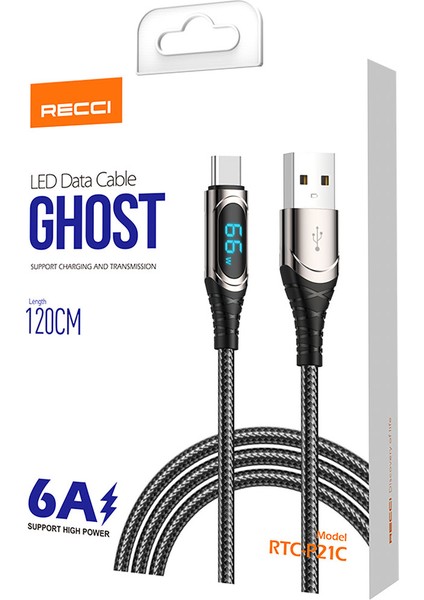 Usb-A To Type-C USB Kablo Recci RTC-P21C Ghost Serisi 66W 6A Hızlı Şarj Özellikli 1.2m