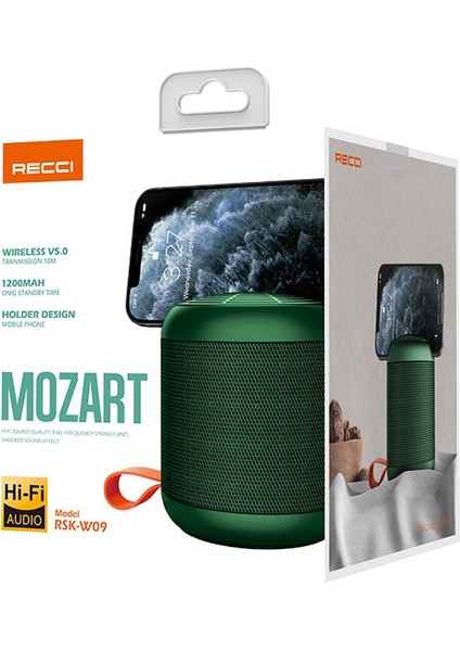 Wireless Bluetooth Speaker Hoparlör Recci RSK-W09 Mozart Serisi Hi-Fi Telefon Tutuculu 1200MAH Yeşil