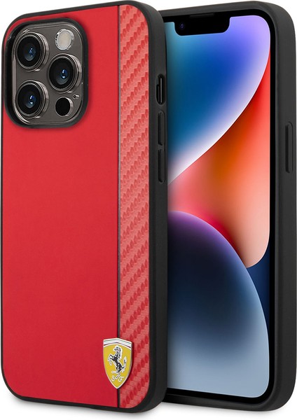 iPhone 14 Pro Uyumlu Kılıf Ferrari Magsafe Şarj Özellikli Pu Deri Karbon Şeritli Dizayn Kapak
