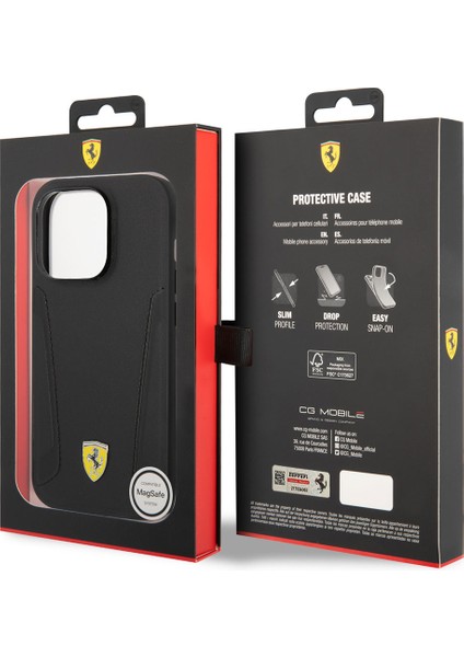 iPhone 14 Pro Uyumlu Kılıf Ferrari Magsafe Şarj Özellikli Deri Kenarları Damgalı Dizayn Kapak
