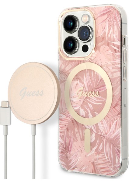 iPhone 14 Pro Uyumlu Kılıf Guess Magsafe Şarj Özellikli Yaprak Desenli Magsafe Şarj Kablolu Kapak