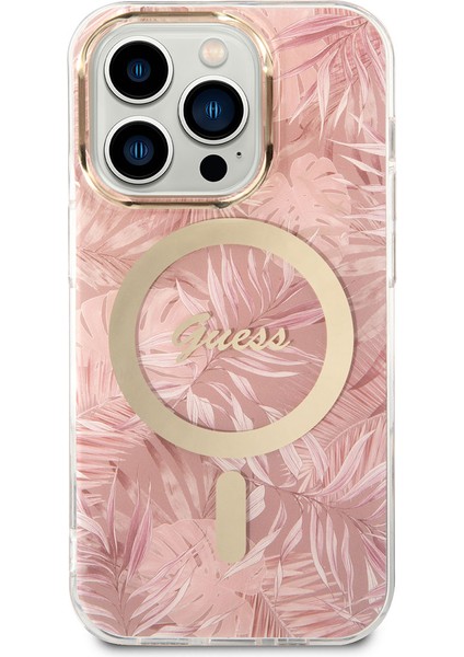 iPhone 14 Pro Uyumlu Kılıf Guess Magsafe Şarj Özellikli Yaprak Desenli Magsafe Şarj Kablolu Kapak