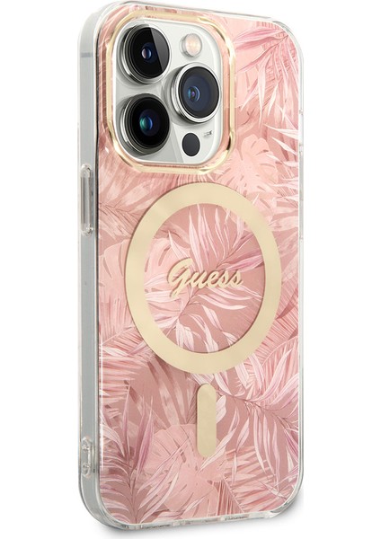 iPhone 14 Pro Uyumlu Kılıf Guess Magsafe Şarj Özellikli Yaprak Desenli Magsafe Şarj Kablolu Kapak