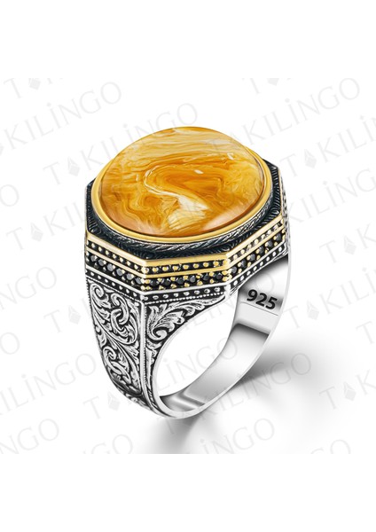 925 Ayar Gümüş Yuvarlak Sarı Kehribar Taşlı Erkek Yüzük fiyatları