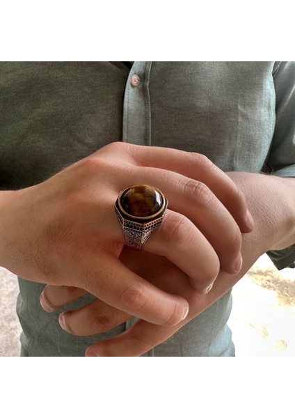 925 Ayar Gümüş Kahverengi Kaplangözü Taşlı Erkek Yüzük