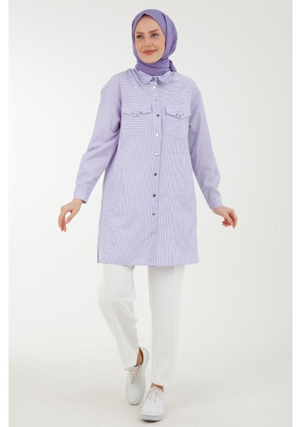 Çizgi Desenli Cepleri Taş Detaylı Tunik-Lila 23YT437