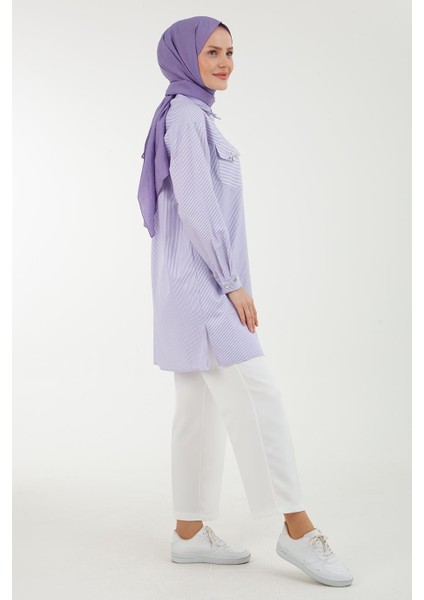 Çizgi Desenli Cepleri Taş Detaylı Tunik-Lila 23YT437 fiyatları
