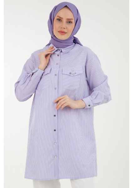 Çizgi Desenli Cepleri Taş Detaylı Tunik-Lila 23YT437 modelleri