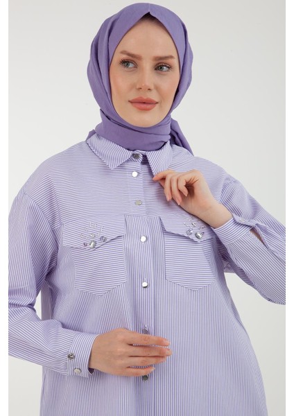 Çizgi Desenli Cepleri Taş Detaylı Tunik-Lila 23YT437 fırsatları
