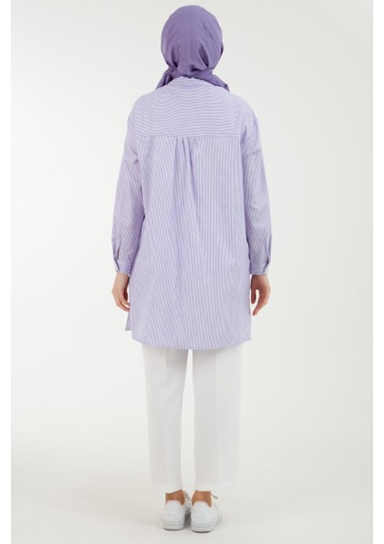 Çizgi Desenli Cepleri Taş Detaylı Tunik-Lila 23YT437 indirimleri
