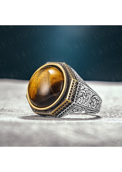 925 Ayar Gümüş Kahverengi Kaplangözü Taşlı Erkek Yüzük