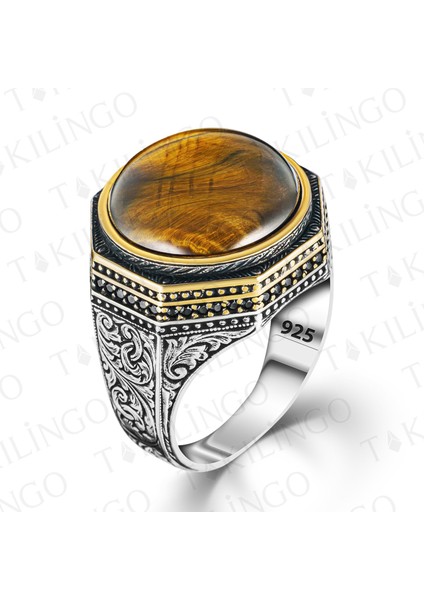 925 Ayar Gümüş Kahverengi Kaplangözü Taşlı Erkek Yüzük fiyatları