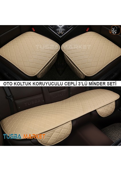 Araç Oto Koltuk Koruyucu Cepli Üçlü Minder Seti / Lüks Bej Deri Ön-Arka Koltuk Minderi / Tüm Araçlar