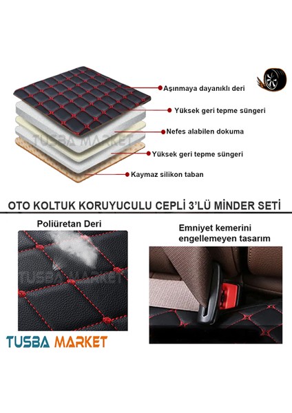 Araç Oto Koltuk Koruyucu Cepli Üçlü Minder Seti / Lüks Bej Deri Ön-Arka Koltuk Minderi / Tüm Araçlar indirimleri