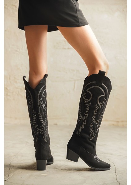 Kadın Rendon Kovboy Çizme Siyah Süet