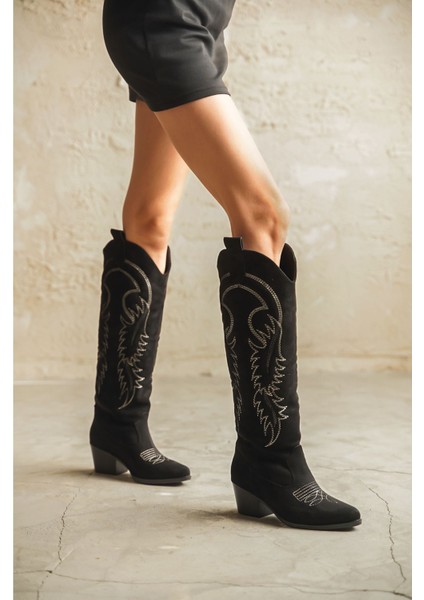 Kadın Rendon Kovboy Çizme Siyah Süet fiyatları