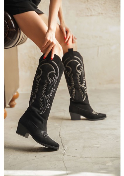 Kadın Rendon Kovboy Çizme Siyah Süet fırsatları