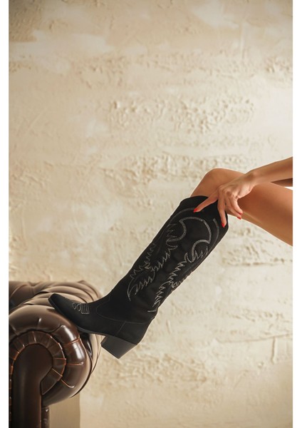 Kadın Rendon Kovboy Çizme Siyah Süet indirimleri