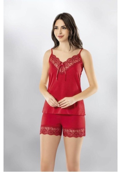 Kadın Dantel Detaylı Penye Atlet Şort Gecelik Takım 6341