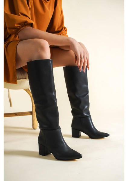 Kadın Akel Diz Altı Çekme Çizme Siyah-Deri fiyatları