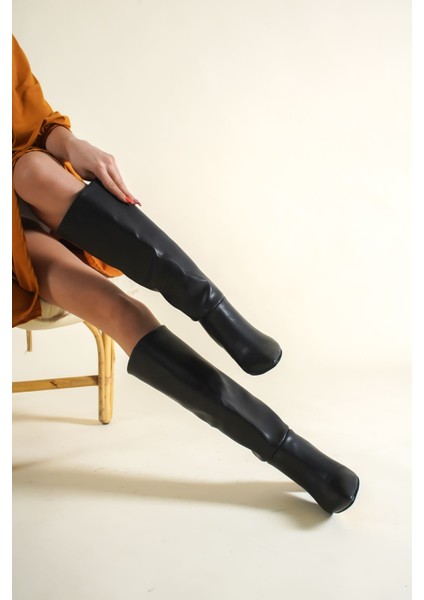 Kadın Akel Diz Altı Çekme Çizme Siyah-Deri fırsatları