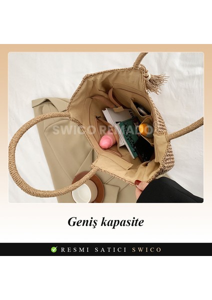 Yaz Plaj Çantası Püskül Hasır Dokuma Tote Omuz Çantası (Yurt Dışından)