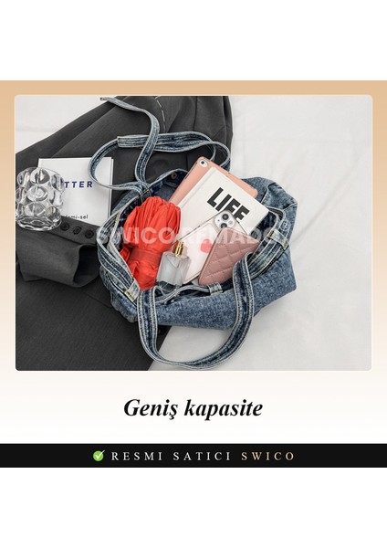 Kadınlar Için Büyük Kapasiteli Denim Omuz Çantası Tote Çanta (Yurt Dışından) fırsatları