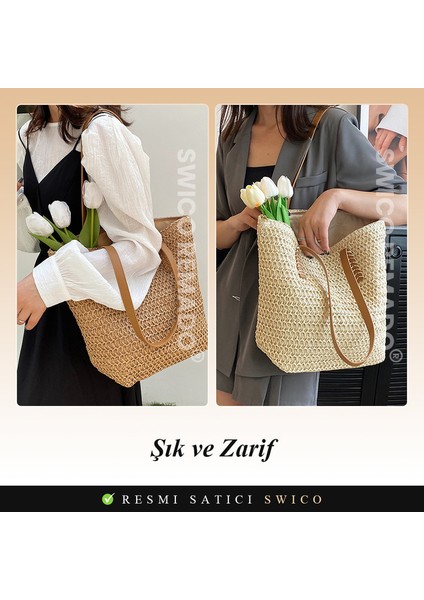 Yaz Plaj Çantası Hasır Dokuma Tote Çanta Omuz Çantası (Yurt Dışından)