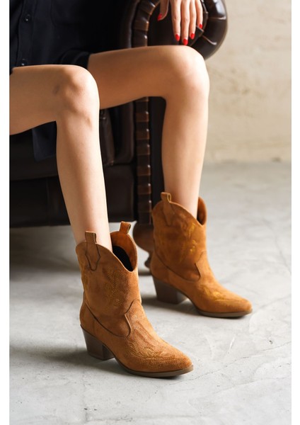 Kadın Sidney Nakışlı Kovboy Bot - Taba Süet indirimleri