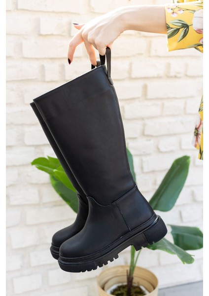 Kadın Siyah Deri Çizme Kalın Taban Su Geçirmez Kışlık 38 Numara