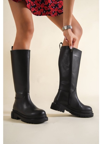Kadın Siyah Deri Çizme Kalın Tabanlı Su Geçirmez Kışlık fırsatları