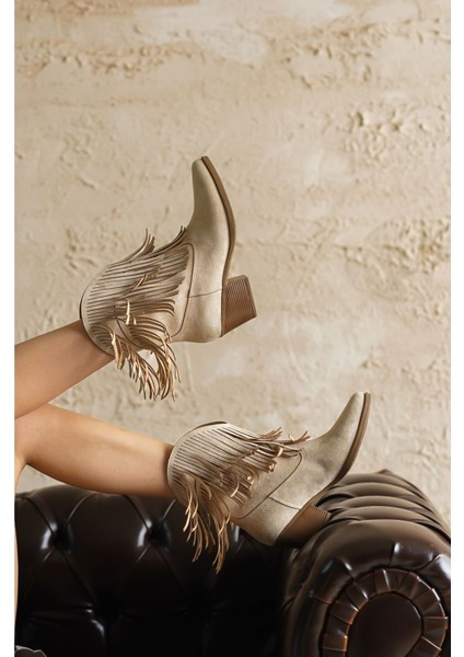 Kadın Pesus Püskül Detay Kısa Topuklu Ten Süet Kov - Ten modelleri