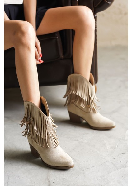 Kadın Pesus Püskül Detay Kısa Topuklu Ten Süet Kov - Ten fırsatları