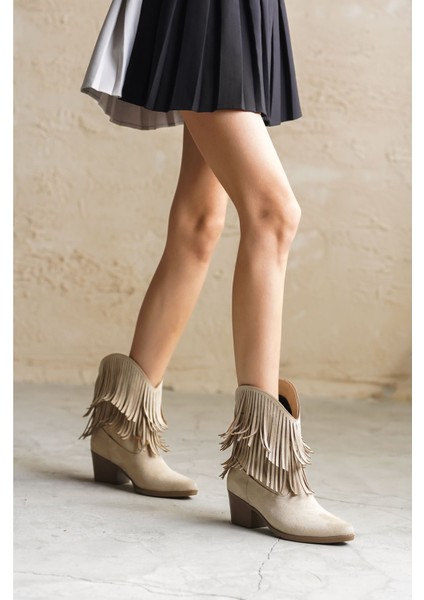 Kadın Pesus Püskül Detay Kısa Topuklu Ten Süet Kov - Ten indirimleri