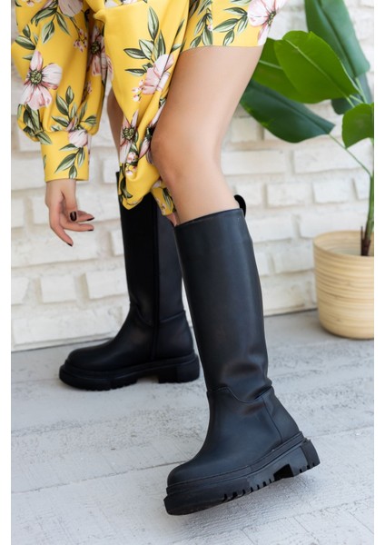 Kadın Siyah Deri Çizme Kalın Tabanlı Su Geçirmez Kışlık indirimleri