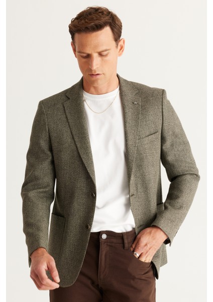 ALTINYILDIZ CLASSICS Erkek Haki Slim Fit Dar Kesim Mono Yaka Desenli Blazer Ceket
