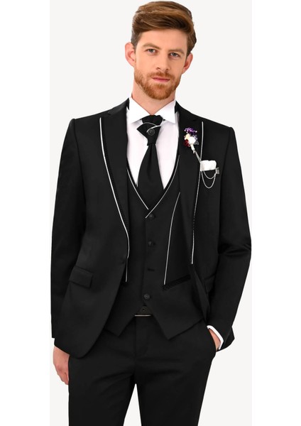 Erkek Siyah Slim Fit Kırlangıç Yaka Yelekli Damatlık fiyatları