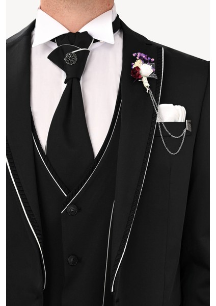 Erkek Siyah Slim Fit Kırlangıç Yaka Yelekli Damatlık fırsatları