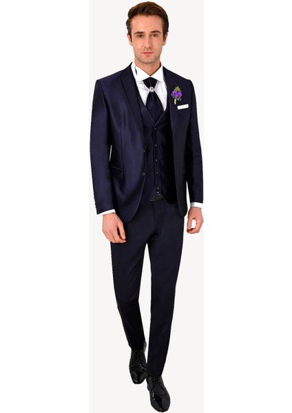 Erkek Lacivert Slim Fit Mono Yaka Yelekli Damatlık