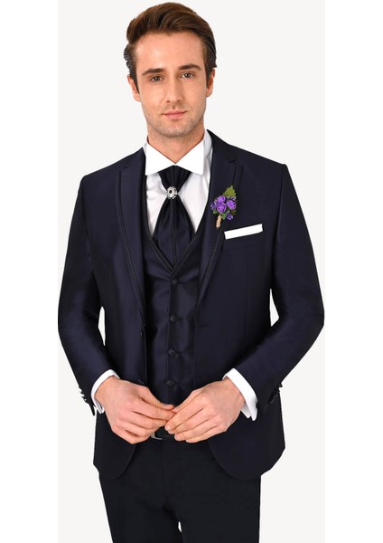 Erkek Lacivert Slim Fit Mono Yaka Yelekli Damatlık fiyatları