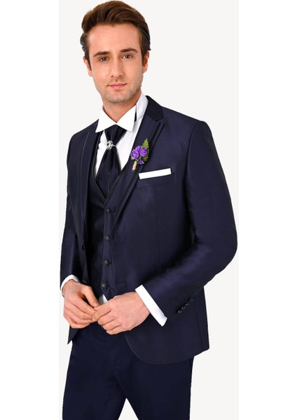 Erkek Lacivert Slim Fit Mono Yaka Yelekli Damatlık modelleri