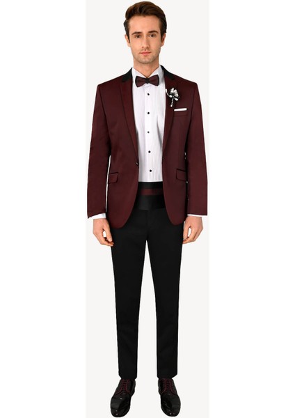 Erkek Bordo Slim Fit Mono Yaka Damatlık