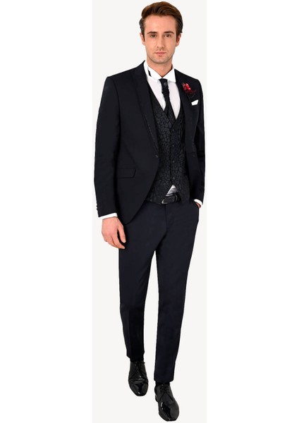 Erkek Lacivert Çıkma Şal Yaka Slim Fit Damatlık
