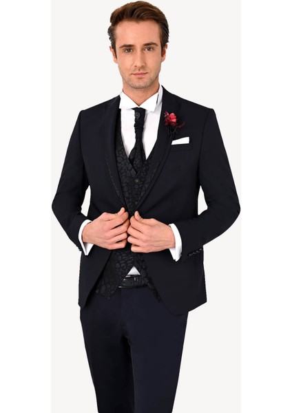 Erkek Lacivert Çıkma Şal Yaka Slim Fit Damatlık