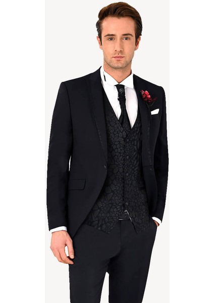 Erkek Lacivert Çıkma Şal Yaka Slim Fit Damatlık