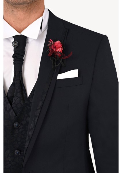 Erkek Lacivert Çıkma Şal Yaka Slim Fit Damatlık