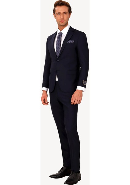 Erkek Koyu Lacivert Slim Fit %100 Yün Takım Elbise