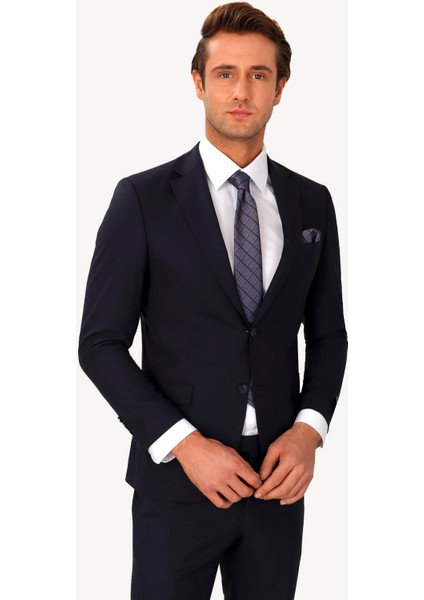 Erkek Koyu Lacivert Slim Fit %100 Yün Takım Elbise