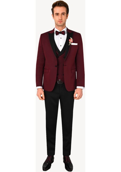 Erkek Bordo Kırlangıç Yaka Yelekli Slim Fit Desenli Damatlık